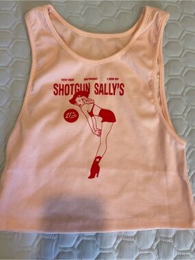 Shotgun Sally's Graphic Ribbed Crop Tank - Light Pink with Red Print